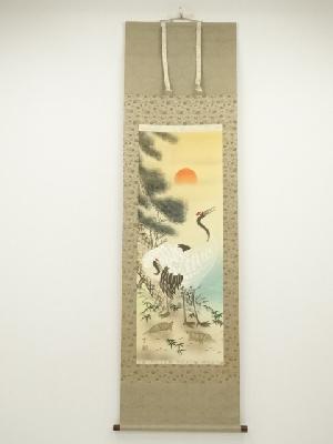 鈴木竹甫筆　松竹梅鶴亀　肉筆絹本掛軸（共箱）